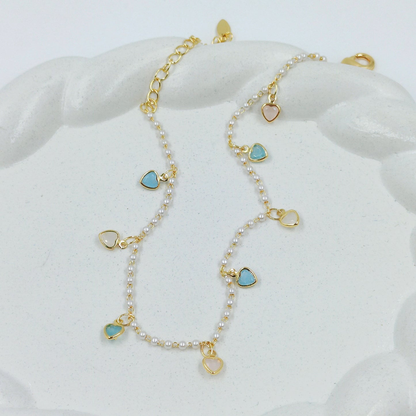 Tobillera perlas corazon pastel