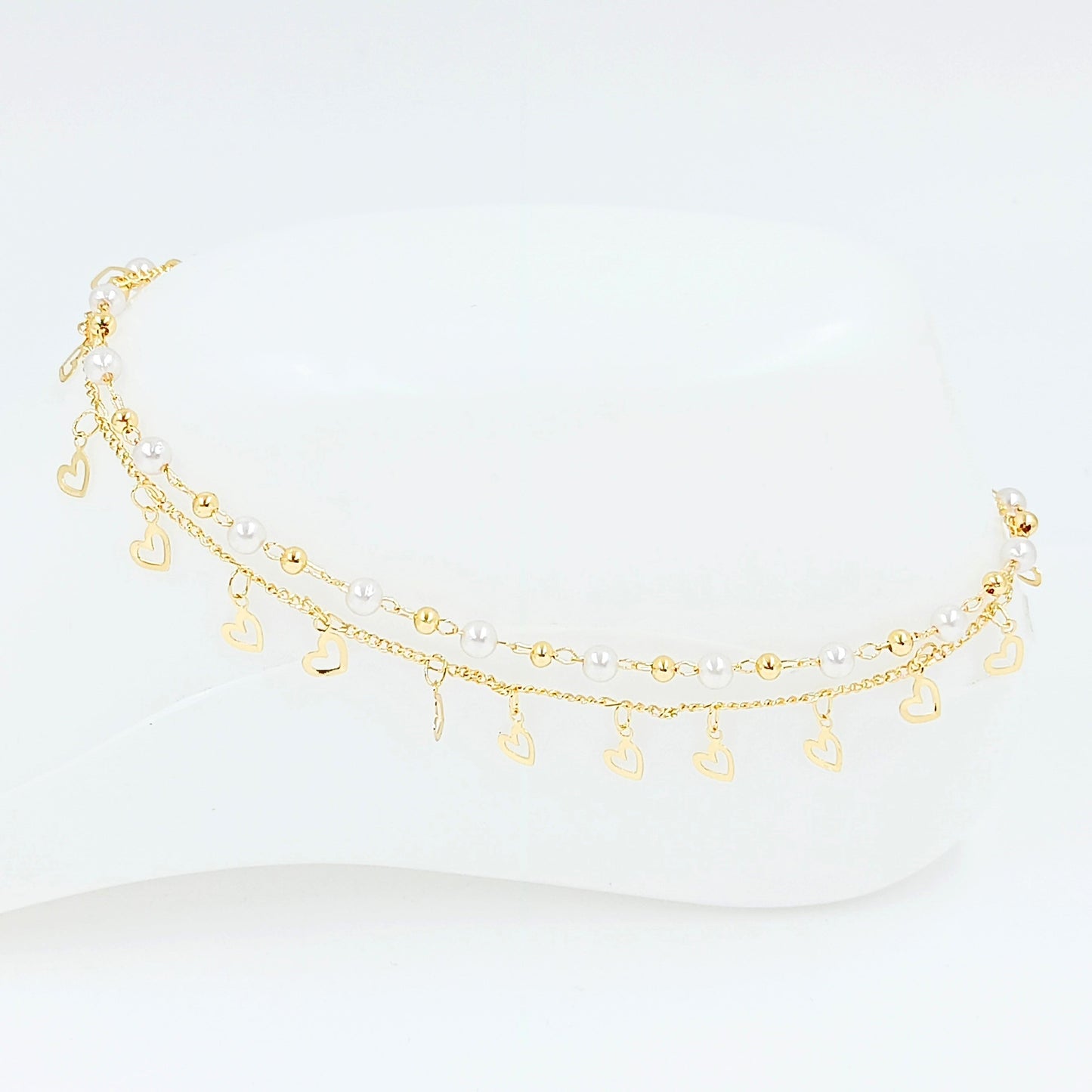 Tobillera doble perla corazones