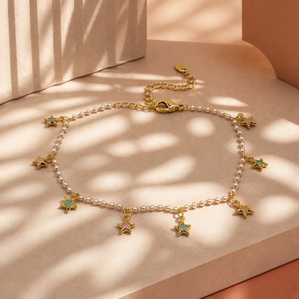 Tobillera mini perlas estrellas