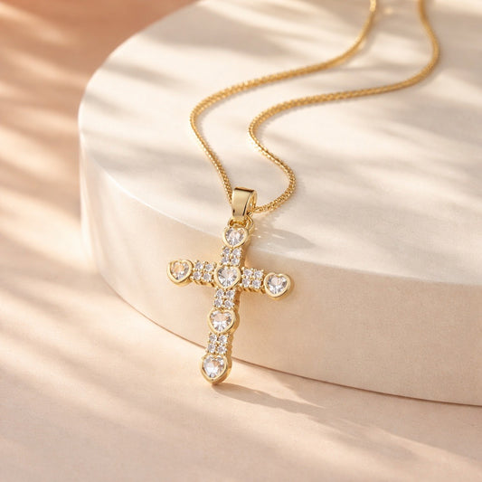 Collar rodio cruz corazones