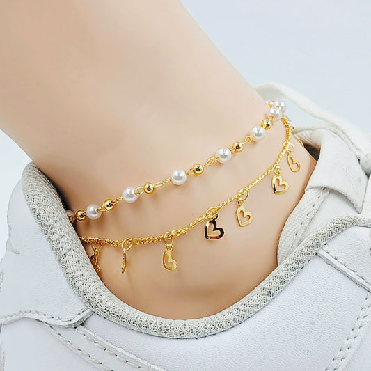 Tobillera doble perla corazones 