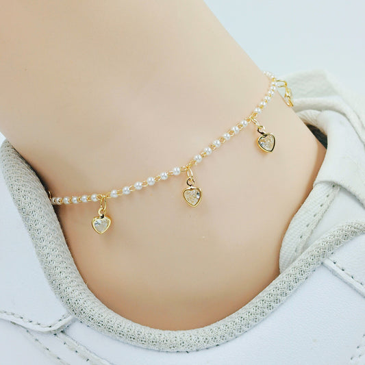 Tobillera perlas corazon cristal 