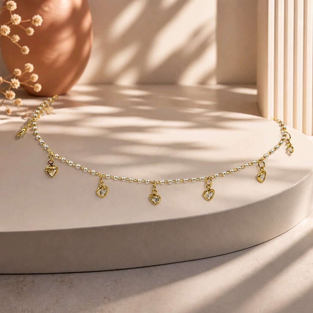 Tobillera mini perlas corazones cristal