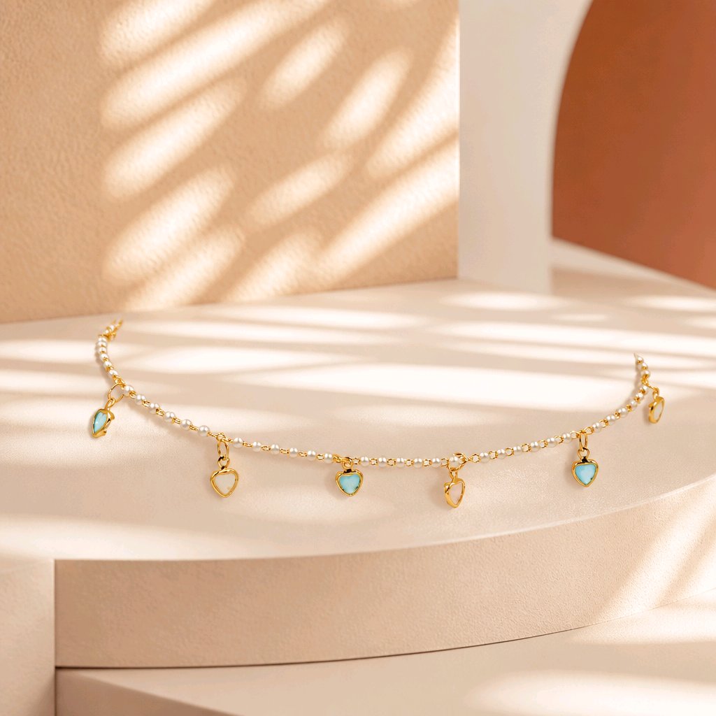 Tobillera mini perlas corazones